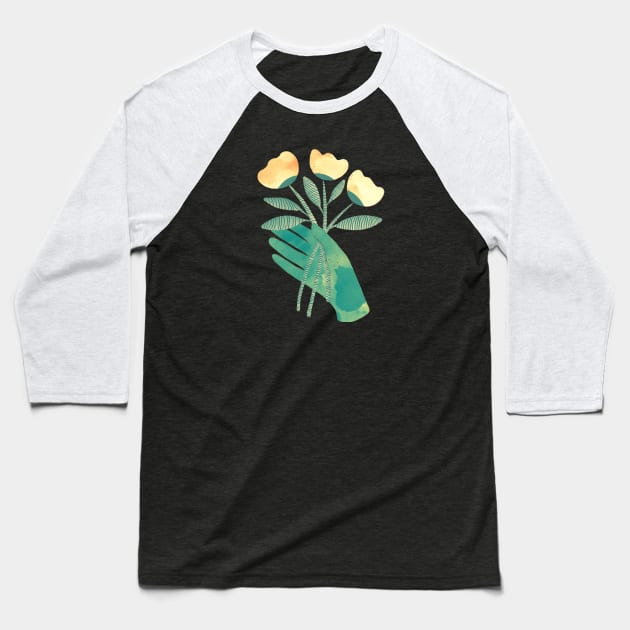 Green hand with yellow flowers for you on black background Baseball T-Shirt by iulistration